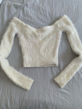 Fuzzy Off-Shoulder Cropped Sweater — Cream